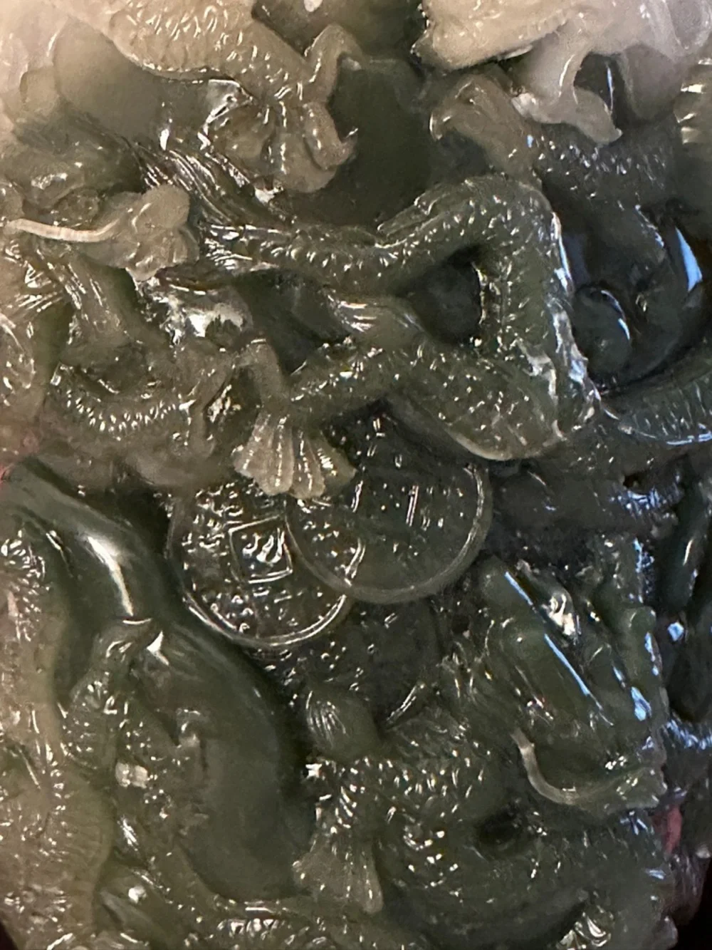 Chinese Dragon Brush Pot Bitong Green White Jade Style Carved Sculpture w Base